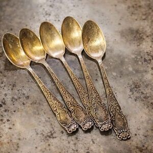 Vintage Ornate Gold-Plate Dessert Spoons - Set of 5